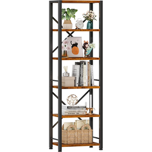 Libreria Alta e Stretta a 6 Ripiani in Legno e Metallo, Scaffale Organizzatore per Soggiorno, Ufficio, Ingresso, Cucina, Stile Rustico - Product Image 1