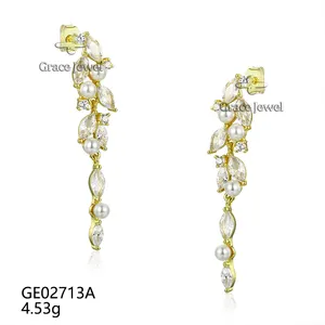 Grace Jewelry Pearl Leaf Zircon Stone Fine Elegant Gold Jewelry Luxurious Earrings for Women