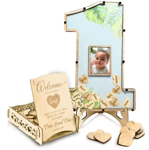 Cadre photo en bois pour livre <span class=keywords><strong>d</strong></span>'or 40x26,67 cm en forme de cœur, carte de vœux <span class=keywords><strong>d</strong></span>'<span class=keywords><strong>anniversaire</strong></span>, panneau <span class=keywords><strong>d</strong></span>'inscription pour enfants de 1 an, logo personnalisé, DIY en bois - Product Image 1