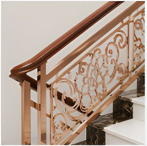Luxury Rose Gold Stair Railing with Ornate Floral Design Wooden <b>Handrail</b> and Marble <b>Steps</b> for Modern Home Interior - Product Image 1