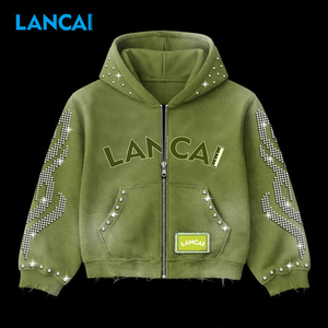 เสื้อฮู้ดดี้ Lancai ทรงโอเวอร์ไซส์ ล้างสีแบบแอซิดวอช แต่งซิป ประดับหมุด ดีไซน์วินเทจแบบซันเฟด แต่งสไตล์ดิสเทรส ผ้าเทอร์รี่คอตตอน 100% ประดับคริสตัล - Product Image 1