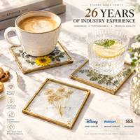 Sous-verres carrés personnalisés écologiques en verre transparent vierge avec bordure en laiton, imprimés par sublimation photo, motifs fleurs colorées, pour café