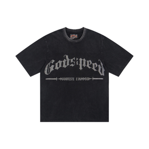 Camiseta Oversize Vintage GodSpeed de Alta Calidad con Lavado Ácido y Pedrería para Hombre, 100% Algodón Ecológico, Estilo Hip Hop - Product Image 1