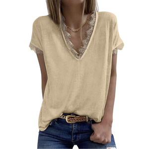 LXS22 verano nueva camisa Base Top mujer Color sólido Casual manga corta Camiseta encaje Europeo Americano estampado poliéster tejido - Product Image 1