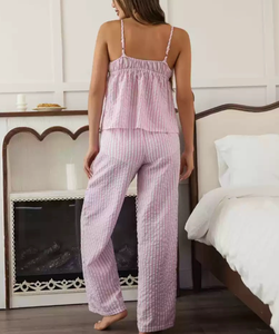 En stock polyester look frais vêtements de <span class=keywords><strong>nuit</strong></span> pour femmes rayures tissées sans manches été printemps vêtements de <span class=keywords><strong>nuit</strong></span> coupe ample 2 pièces ensemble de salon - Product Image 3