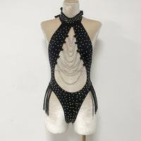 Ensemble de Danseuse en Nylon pour Femme, Tenue de Strip-teaseuse avec Strass, Body Sexy Filles de Bouteille Chaîne Argentée, Tenue de Danse Exotique