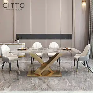 Home Furniture Customize Dining Table Modern Golden Wooden Dining Table Set Stainless Steel 8 Seater Dining Room