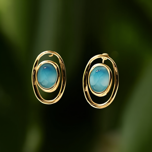 Gold Plated Stainless Steel Oval <b>Earrings</b> With <b>Blue</b> Stone Inlay Fashion Jewelry For Women - Product Image 3