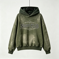Sweat à capuche vert olive vintage, imprimé Kornit DTG, motif police gothique rétro, bordure en strass, coupe ample, style streetwear