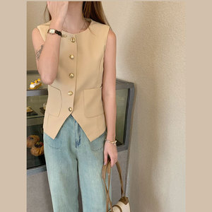 <span class=keywords><strong>Chaleco</strong></span> de Tela Elegante para <span class=keywords><strong>Mujer</strong></span>, Estilo Europeo y Americano, Verano 2026, Cuello Redondo, Sin Mangas, con Botones Dorados - Product Image 2