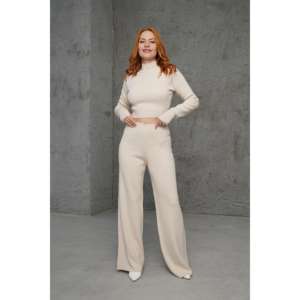 Luna Knit <b>Crop</b> <b>Sweater</b> Set Women's Spandex Cotton Anti-Pilling Straight Cut Pants <b>White</b> - Product Image 4
