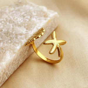 Anillo abierto de acero inoxidable con concha de estrella de mar Tema moderno del océano para niñas Mujeres para fiestas Regalos - Product Image 6