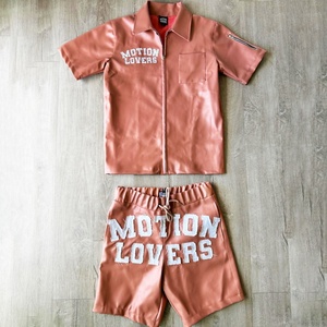 Custom <b>Mens</b> Applique <b>Patch</b> Leather Zip up Jackets <b>Shorts</b> Set Jogger 2 Piece <b>Shorts</b> and Leather <b>Shorts</b> and Shirt Set for <b>Men</b> - Product Image 2