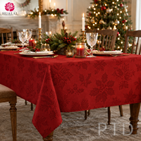 Taplak Meja Linen Merah Bermotif Daun Holly 8ft X 10ft 410g HuaLai untuk Pesta Liburan dan Acara di Rumah