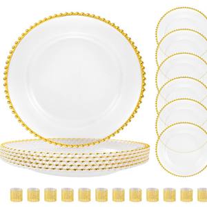 Assiette de présentation dorée transparente de 13 pouces avec perles, en plastique doré, pour mariage, dîner, décoration de fête et assiettes de présentation - Product Image 1