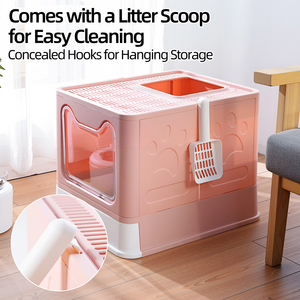 Poland Stock Enclosed <b>Cat</b> <b>Litter</b> <b>Box</b> 51x41x38cm Top Entry with Pull-Out Drawer, Stainless Steel Basin & Scoop, Foldable Pink - Product Image 3