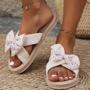 Nouvelles sandales d'été pour femmes, couleur unie, tendance mode, intérieur/extérieur, <span class=keywords><strong>beige</strong></span>, nœud fleuri - Product Image 4