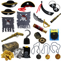 Accessoires de performance d'Halloween : Déguisement de pirate, Masque crâne, Chapeau, Crochet, Drapeau, Télescope, Arme, Couteau, Fusil
