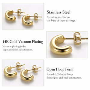 Mini Aros en Forma de C, Acero Inoxidable, Chapado en Oro de 14K al Vacío, Pequeños Aros Redondos Abiertos con Cierre de Mariposa - Product Image 3