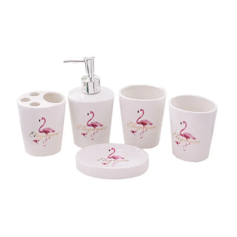 Hotsale di lusso bianco ceramica fenicottero bagno Set di accessori per sapone lozione Dispenser spazzolino da denti tazza emulsione bottiglia