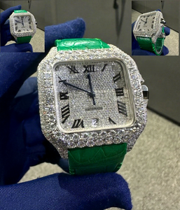 Boîtier de montre en acier inoxydable avec cadran en verre et diamants Moissanite VVS carrés, étanche 10 bars, bracelet à fermoir - Product Image 1