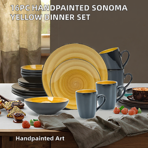 16pc Handpainted Classic Sonoma Yellow Stoneware Ceramic Dish Plate Cereal Salad Bowls <b>Coffee</b> Mugs Dinnerware Sets for 4 - Product Image 3