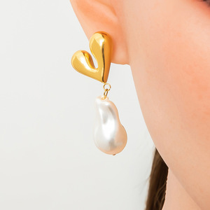 Pearl <b>Stud</b> Earrings 18K Gold Plated <b>Titanium</b> Steel Flower Heart Shape Everyday Wear Jewelry for Women - Product Image 2