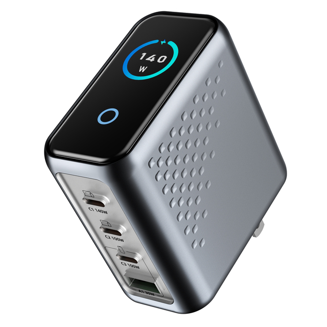 GaN 140W 4-Port PD3.1 QC3.0 Type-C Super Fast Charger with Smart Screen Display for Mobile Phone & Laptop