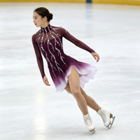 Robe de patinage artistique à col montant, dégradé violet vin avec strass, en tissu mesh pour compétition et spectacle sur glace (adultes et enfants)