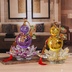 Crystal Gourd <b>Ornament</b> Glass Purple Yellow With Lotus Base Home Decoration Gift - Product Image 1