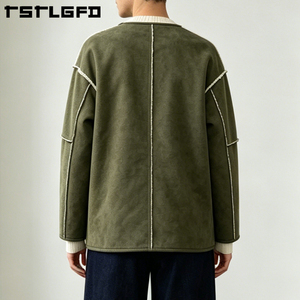Chaqueta de ante vegano reversible para hombre, verde oliva, con costuras sin rematar, doble cara, para invierno, venta al por mayor - Product Image 1