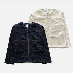 Customizable Logo Men's Crewneck Fleece <strong>Jacket</strong> Soft <strong>Boucle</strong> Texture Zip-Up Outerwear in Black &amp; <strong>White</strong> - Product Image 1