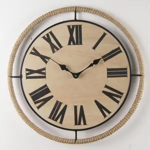 wooden round wall clock with metal rack & hemp