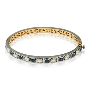 Brazalete Vintage Art Deco de Oro de 18K y Plata 925 para Mujer con Zafiro Azul Intenso Engastado en Bisel y Cabujones & Polki - Product Image 2