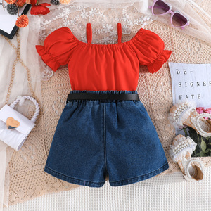 ชุดเสื้อผ้าเด็กผู้หญิงสไตล์ลำลองสุดหรู ระบายอากาศได้ดี ชุดสองชิ้น ปักลายสัตว์ แขนระบาย สำหรับเด็กอายุ 2-7 ปี แฟชั่นฤดูร้อนแบบสายเดี่ยว - Product Image 3