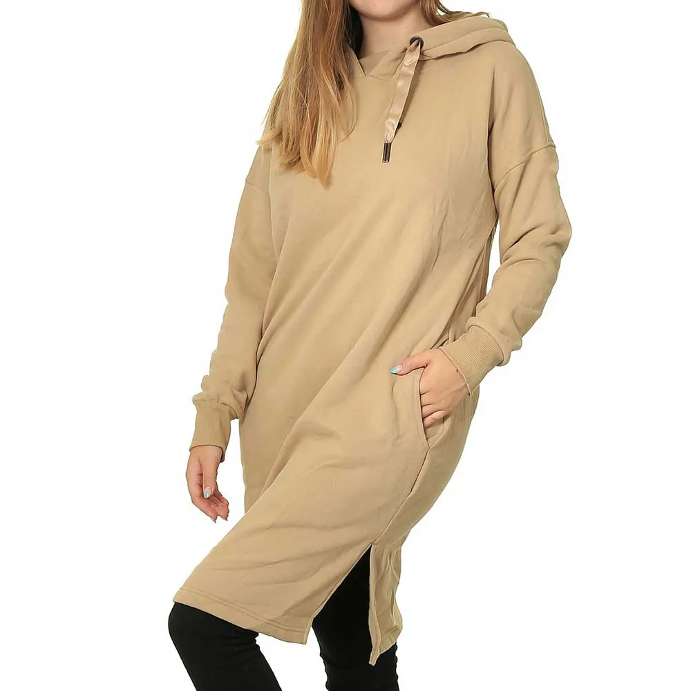 Oversized Custom Womens 100% Cotton Plain Pullover Hoodie Dress In Camel and Black