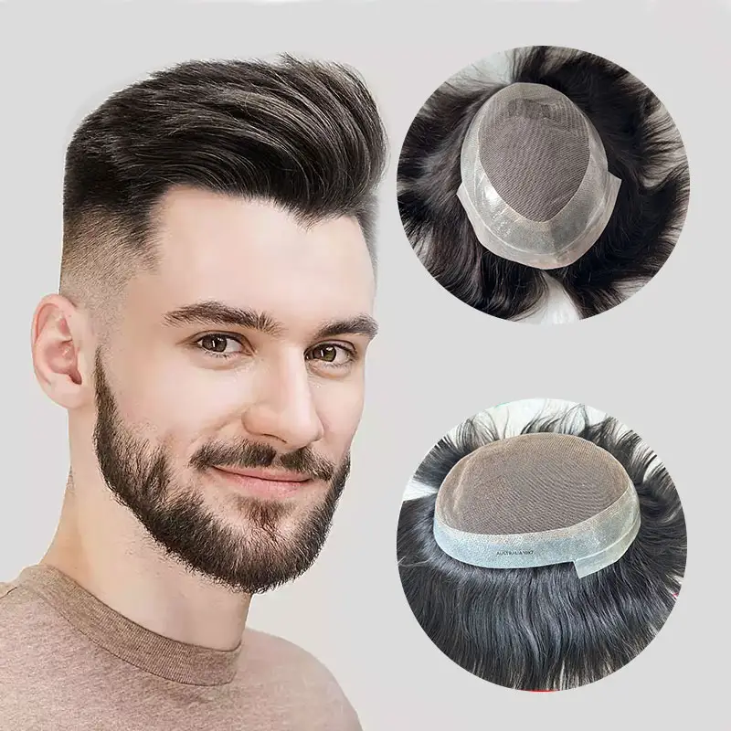 Giá rẻ Giá bán buôn màu sắc tự nhiên sóng tóc hệ thống siêu mỏng da PU với ren Mono Úc cơ sở toupee cho nam giới tóc giả