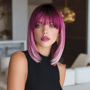 Parrucca Sintetica Corta <span class=keywords><strong>Rosa</strong></span> Sfumata con Radici Scure, <span class=keywords><strong>Capelli</strong></span> Lisci, Frangia dall'Aspetto Naturale, Vendita all'Ingrosso SM540 - Product Image 4