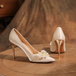 <b>White</b> Satin Stiletto <b>Heels</b> With Floral Pearl Embellishment Wedding Shoes For Women Adult Size 35-40 - Product Image 4