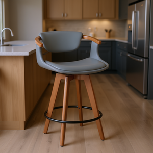 Sgabello da Bar Oracle Stile Mid-Century Moderno in Legno di Noce e Ecopelle Grigia con Base Stabile per Arredamento Commerciale - Product Image 2