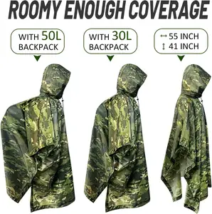 Woqi Rain Ponchos Jackets Reusable Rain Coats Outdoor Emergency Tent Shelter Multi-purpose Ripstop Camo Survival Poncho