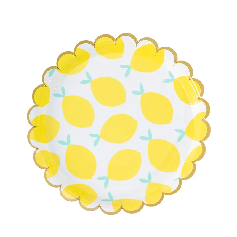 컬러 골판지 트레이 만화 사용자 정의 사용 및 던지기 파티 버스 장식 레몬 패턴 일회용 생분해 성