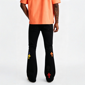 Jean en denim évasé vintage multicolore élégant avec patchs décoratifs et poches latérales pratiques pour le style streetwear et le hip-hop au quotidien - Product Image 4