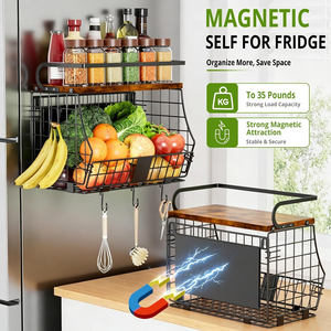 Mensola Magnetica Moderna <span class=keywords><strong>per</strong></span> Frigorifero con Cesto in Legno e Portaspezie, Organizzatore Salvaspazio <span class=keywords><strong>per</strong></span> Cucina - Product Image 3