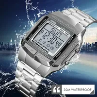 SKMEI 1381 Montre Électronique Digitale pour Homme en Acier Inoxydable, Jour/Date Lumineuse, Compte à Rebours, Cadran Carré, Alarme, Affichage LED