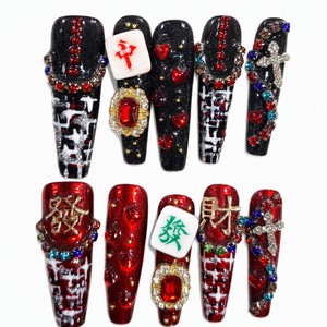 Ongles artificiels de luxe faits à la main avec strass 3D, forme amande, couverture complète en acrylique, 10 pièces pour soirée - Product Image 1