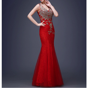 섹시한 환상 Backless 빨간 인어 레이스 드레스 긴 저렴한 아플리케 자수 지퍼 가운 - Product Image 5