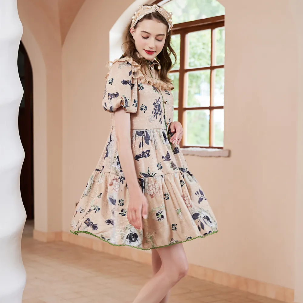 Spring Summer Elegant Flower Color Short Dresses Vintage Dress With Doll Neck Girls Cute Wears
