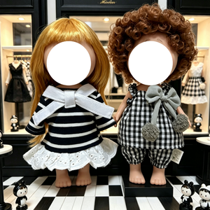 Ensemble de robes de style occidental pour poupées de 24 cm, robe en dentelle rayée noire et blanche et tenue à carreaux avec nœud gris - Product Image 1