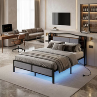 Cadre de lit double en métal, tête de lit en acier épaissi avec compartiment de rangement et assemblage facile, avec éclairage RGB et port de charge